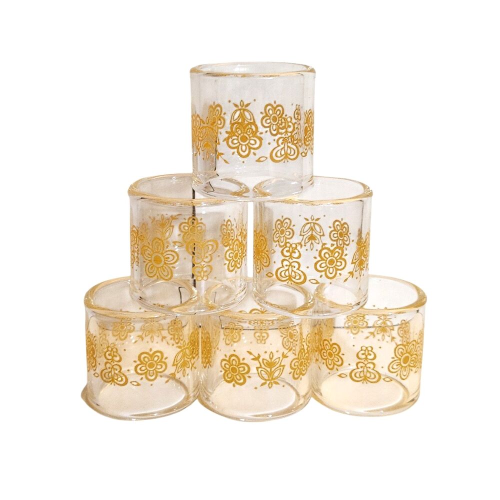 1970s Pyrex Corelle Compatibles 6 Napkin Rings Clear/Butterfly Gold & Box
